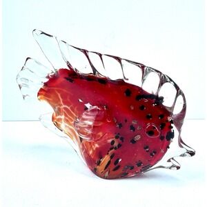 Handcrafted Glass Angel Fish Sculpture Red Clear Gold Crystal Piece Murano Style